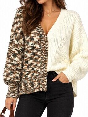 Dear John Oversized Two Tone Knit Long Sleeve V Neck Button Down Cardigan Swtr